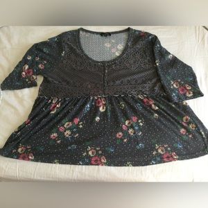 Suzanne Betro Women's Floral Print Top Blouse 3/4 sleeves Boho Lace